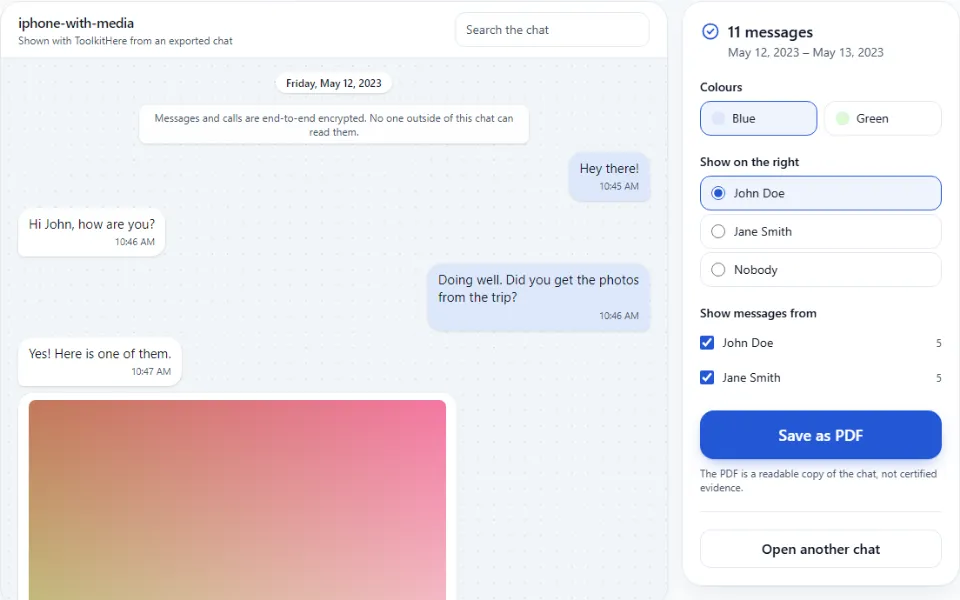 The Chat Export Viewer showing a made-up conversation as chat bubbles, with a photo and a voice note, next to a panel of options.
