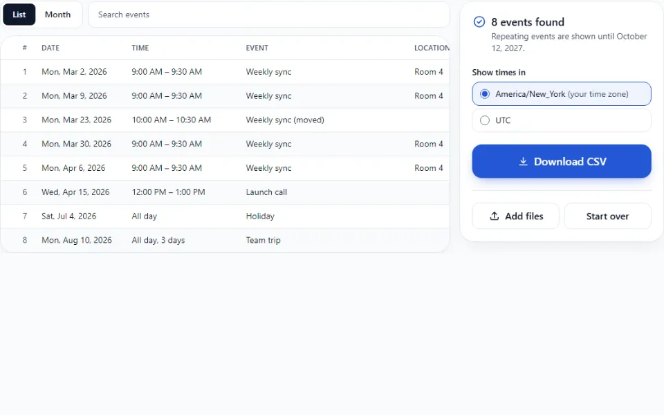 The ICS Viewer listing sample events with dates and times, next to a panel with a time zone picker and a Download CSV button.