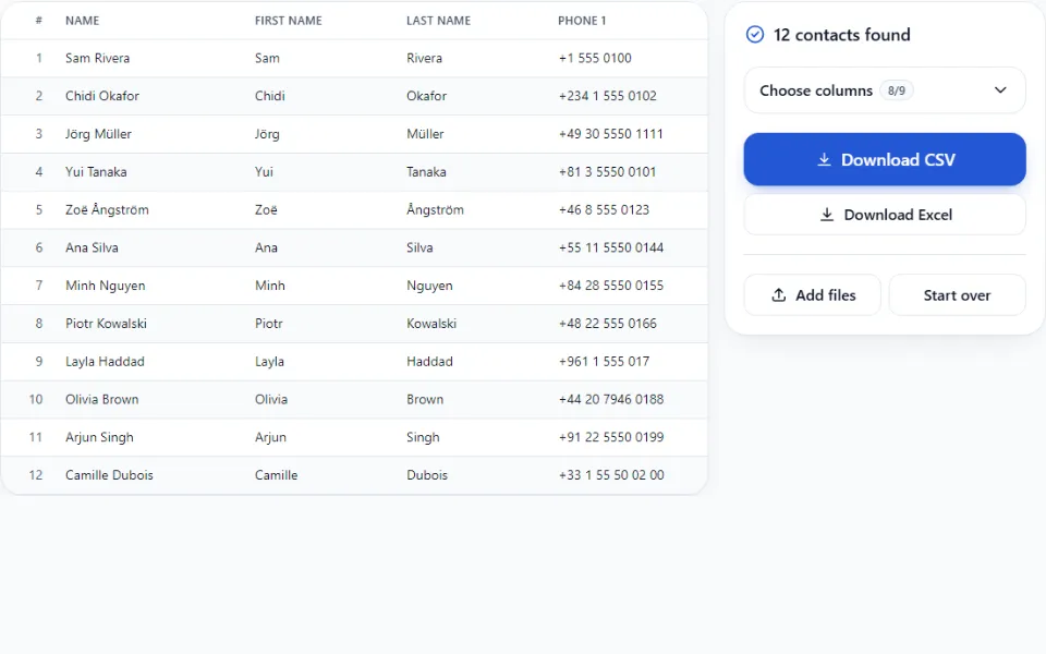 The converter showing 12 sample contacts in a table, with Download CSV and Download Excel buttons beside it.